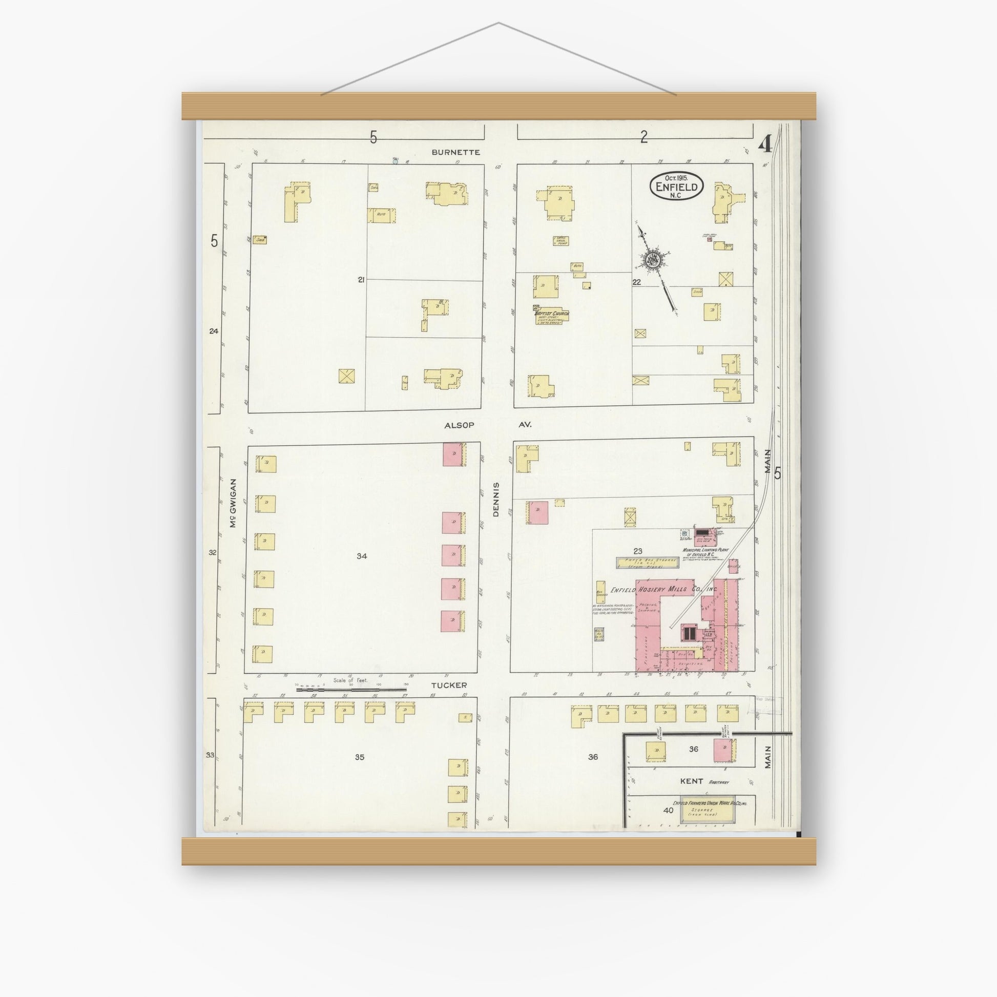 Old map wall art mockup — magnetic wood frame on white wall — Sanborn Fire Insurance Map from Enfield, Halifax County, North Carolina (1915), Sheet #0004