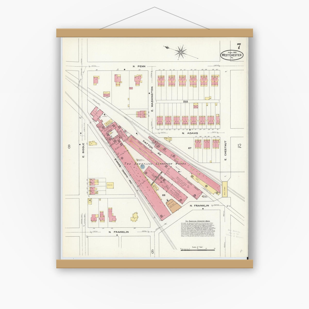Old map wall art mockup — magnetic wood frame on white wall — Sanborn Fire Insurance Map from West Chester, Chester County, Pennsylvania (1909), Sheet #0007