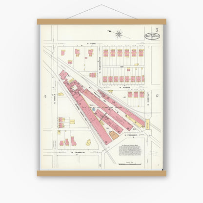 Old map wall art mockup — magnetic wood frame on white wall — Sanborn Fire Insurance Map from West Chester, Chester County, Pennsylvania (1909), Sheet #0007