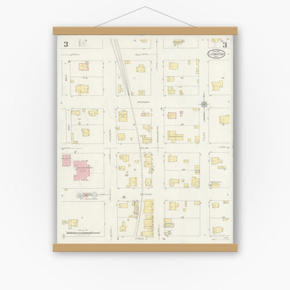 Old map wall art mockup — magnetic wood frame on white wall — Sanborn Fire Insurance Map from Livingston, Polk County, Texas (1927), Sheet #0003