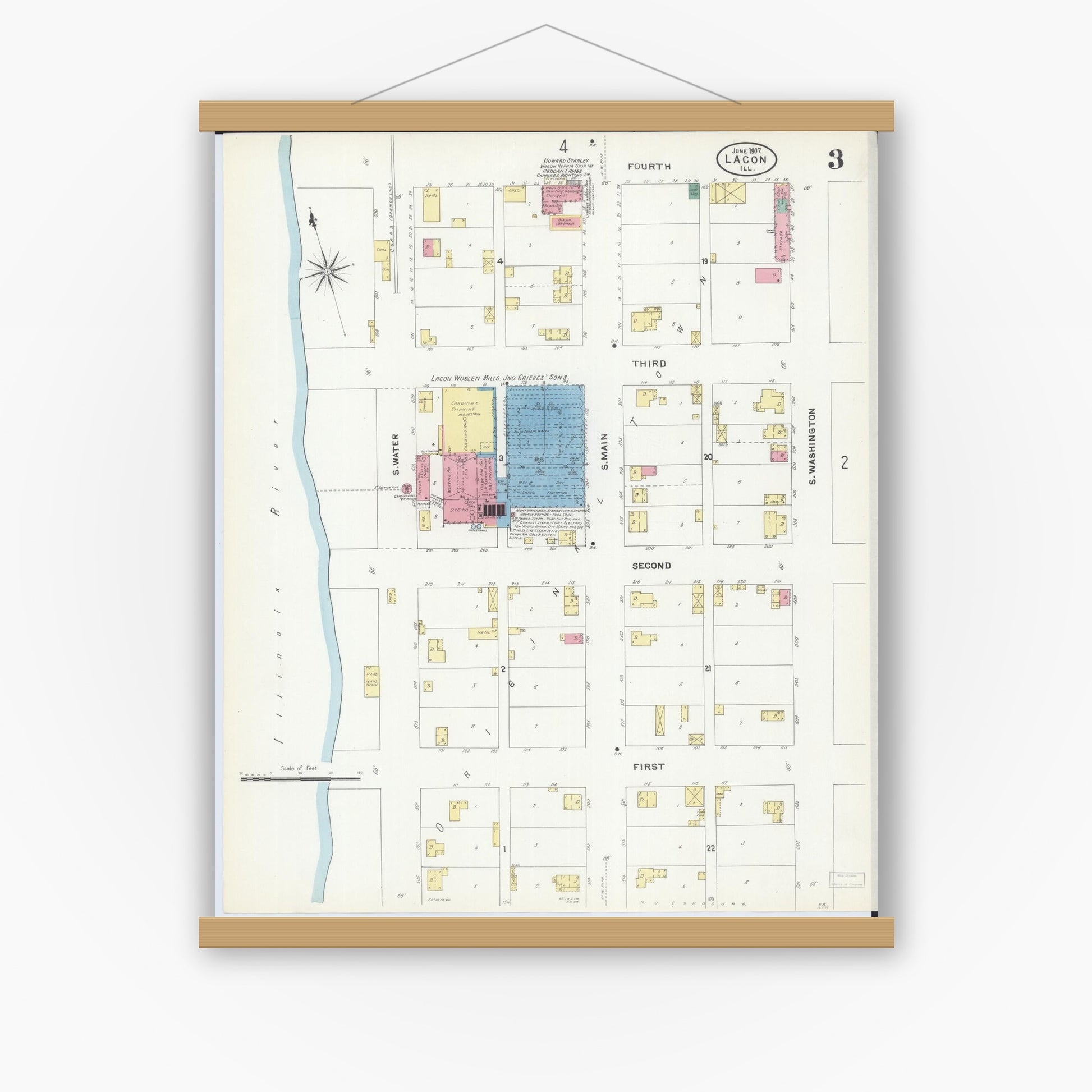 Old map wall art mockup — magnetic wood frame on white wall — Sanborn Fire Insurance Map from Lacon, Marshall County, Illinois (1907), Sheet #0003