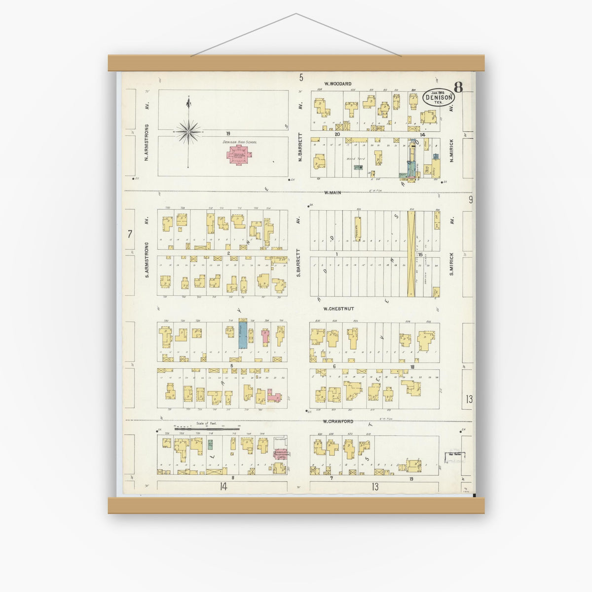 Old map wall art mockup — magnetic wood frame on white wall — Sanborn Fire Insurance Map from Denison, Grayson County, Texas (1903), Sheet #0008