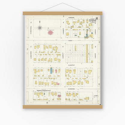 Old map wall art mockup — magnetic wood frame on white wall — Sanborn Fire Insurance Map from Denison, Grayson County, Texas (1903), Sheet #0008