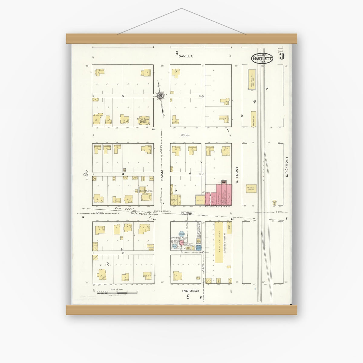 Old map wall art mockup — magnetic wood frame on white wall — Sanborn Fire Insurance Map from Bartlett, Bell and Williamson Counties, Texas (1921), Sheet #0003
