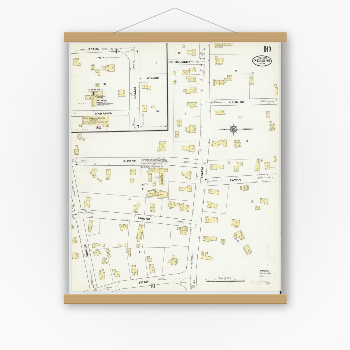 Old map wall art mockup — magnetic wood frame on white wall — Sanborn Fire Insurance Map from Reading, Middlesex County, Massachusetts (1909), Sheet #0010