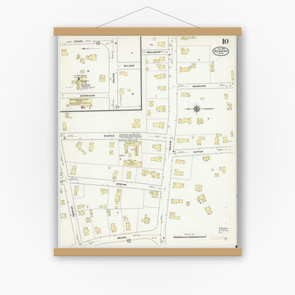 Old map wall art mockup — magnetic wood frame on white wall — Sanborn Fire Insurance Map from Reading, Middlesex County, Massachusetts (1909), Sheet #0010