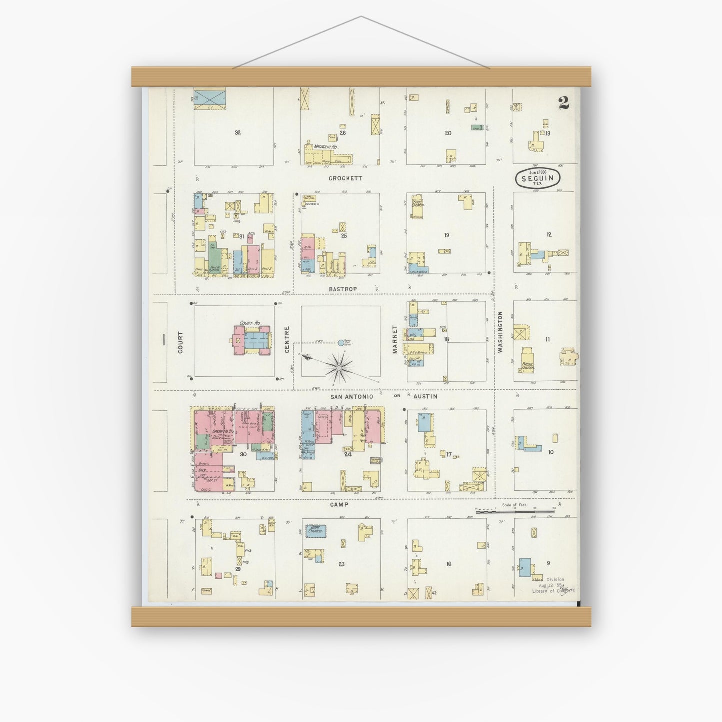 Old map wall art mockup — magnetic wood frame on white wall — Sanborn Fire Insurance Map from Seguin, Guadalupe County, Texas (1896), Sheet #0002