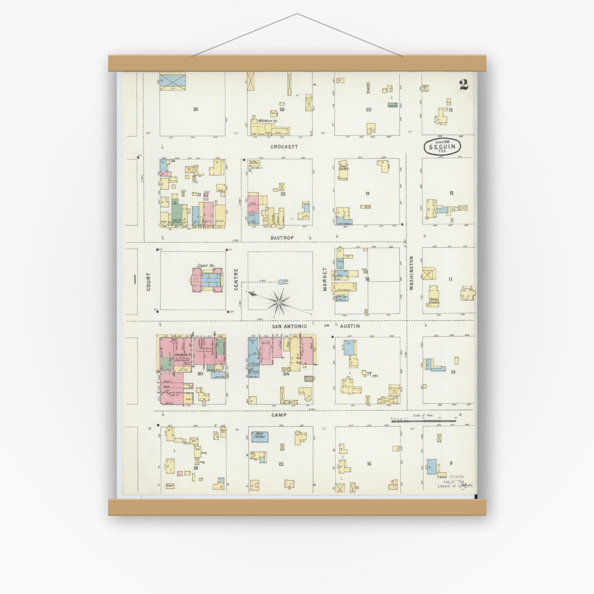 Old map wall art mockup — magnetic wood frame on white wall — Sanborn Fire Insurance Map from Seguin, Guadalupe County, Texas (1896), Sheet #0002