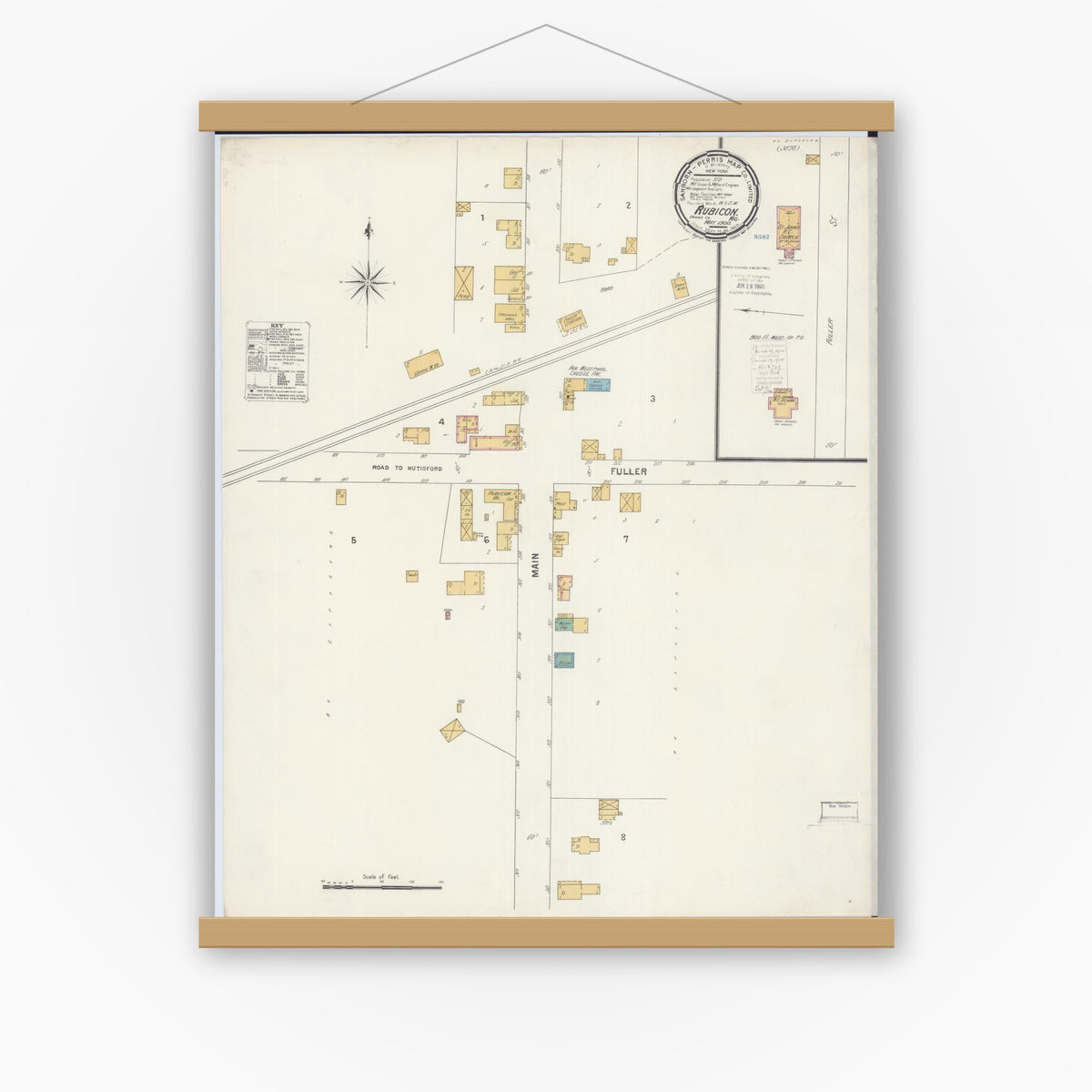 Old map wall art mockup — magnetic wood frame on white wall — Sanborn Fire Insurance Map from Rubicon, Dodge County, Wisconsin (1900), Sheet #0001
