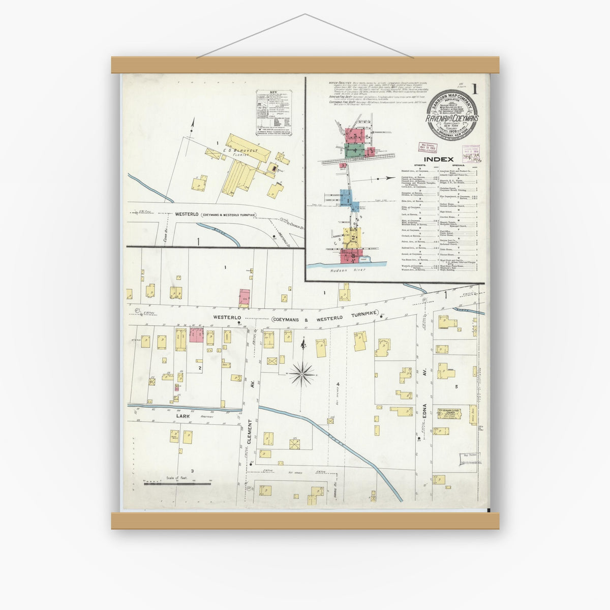 Old map wall art mockup — magnetic wood frame on white wall — Sanborn Fire Insurance Map from Ravena, Albany County, New York (1909) - Complete Map Set