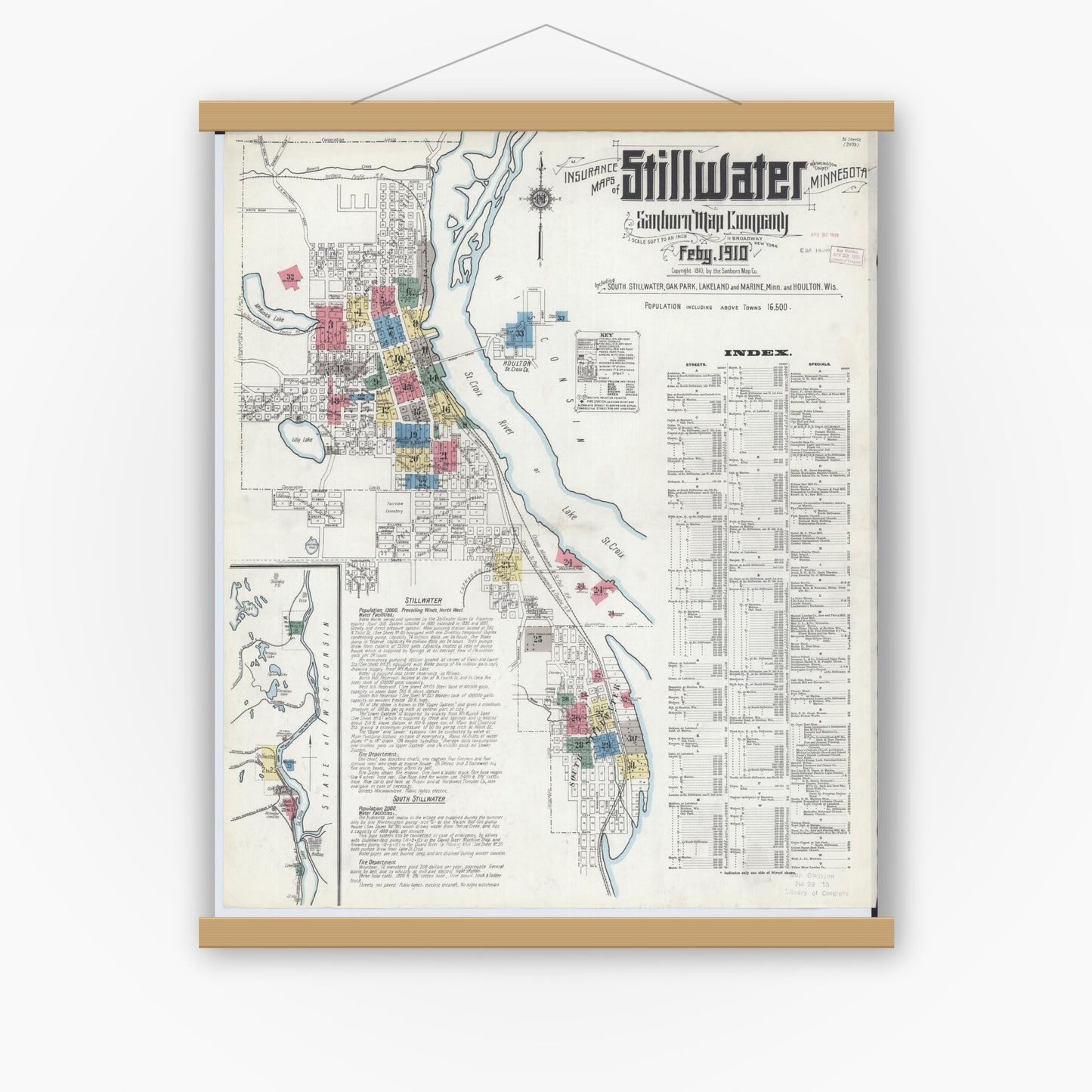 Old map wall art mockup — magnetic wood frame on white wall — Sanborn Fire Insurance Map from Stillwater, Washington County, Minnesota (1910), Sheet #0001