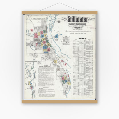 Old map wall art mockup — magnetic wood frame on white wall — Sanborn Fire Insurance Map from Stillwater, Washington County, Minnesota (1910), Sheet #0001