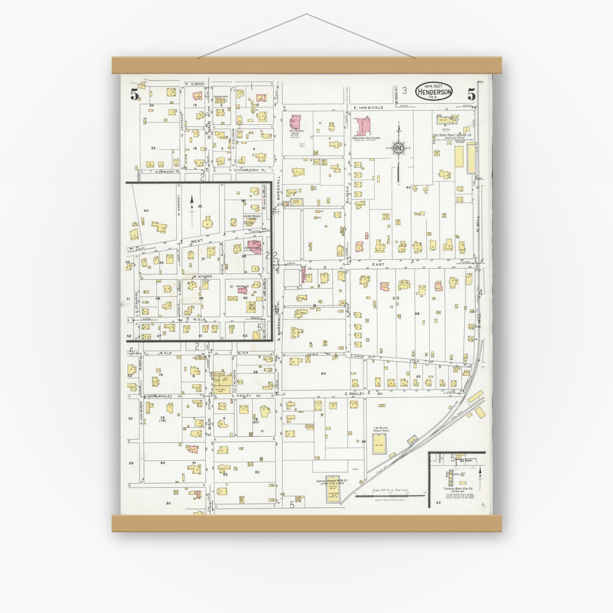 Old map wall art mockup — magnetic wood frame on white wall — Sanborn Fire Insurance Map from Henderson, Rusk County, Texas (1927), Sheet #0005