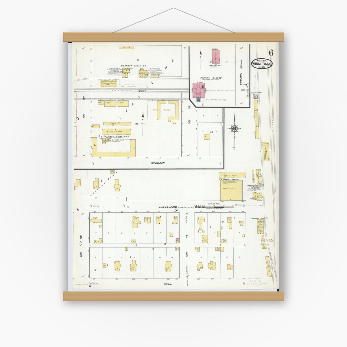Old map wall art mockup — magnetic wood frame on white wall — Sanborn Fire Insurance Map from Winnebago, Faribault County, Minnesota (1917), Sheet #0006