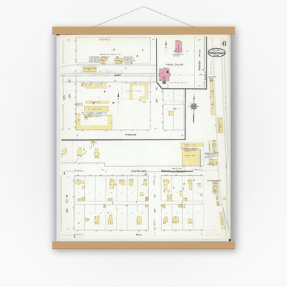 Old map wall art mockup — magnetic wood frame on white wall — Sanborn Fire Insurance Map from Winnebago, Faribault County, Minnesota (1917), Sheet #0006