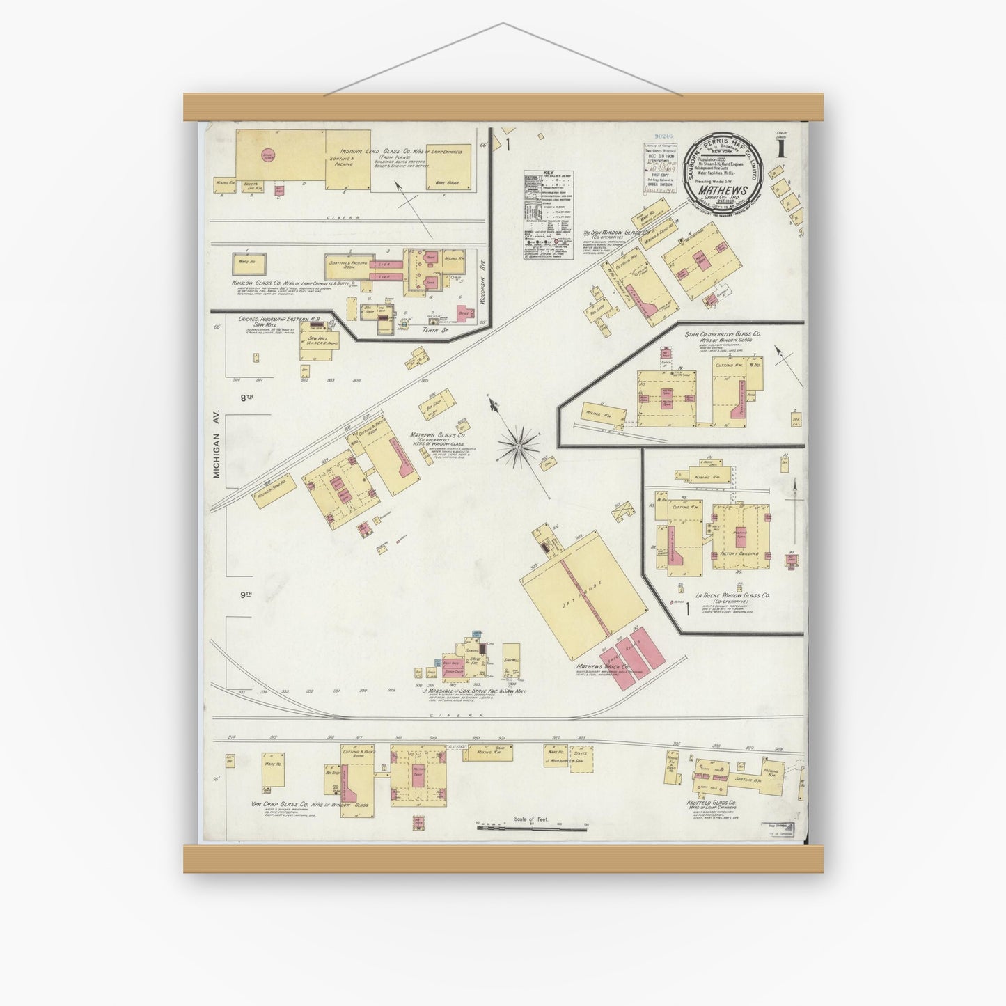 Old map wall art mockup — magnetic wood frame on white wall — Sanborn Fire Insurance Map from Matthews, Grant County, Indiana (1900) - Complete Map Set
