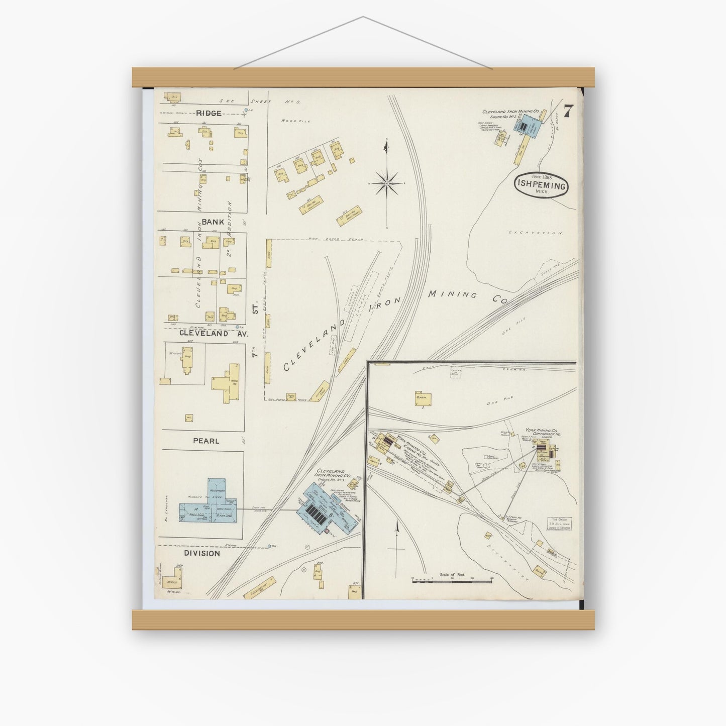 Old map wall art mockup — magnetic wood frame on white wall — Sanborn Fire Insurance Map from Ishpeming, Marquette County, Michigan (1888), Sheet #0007