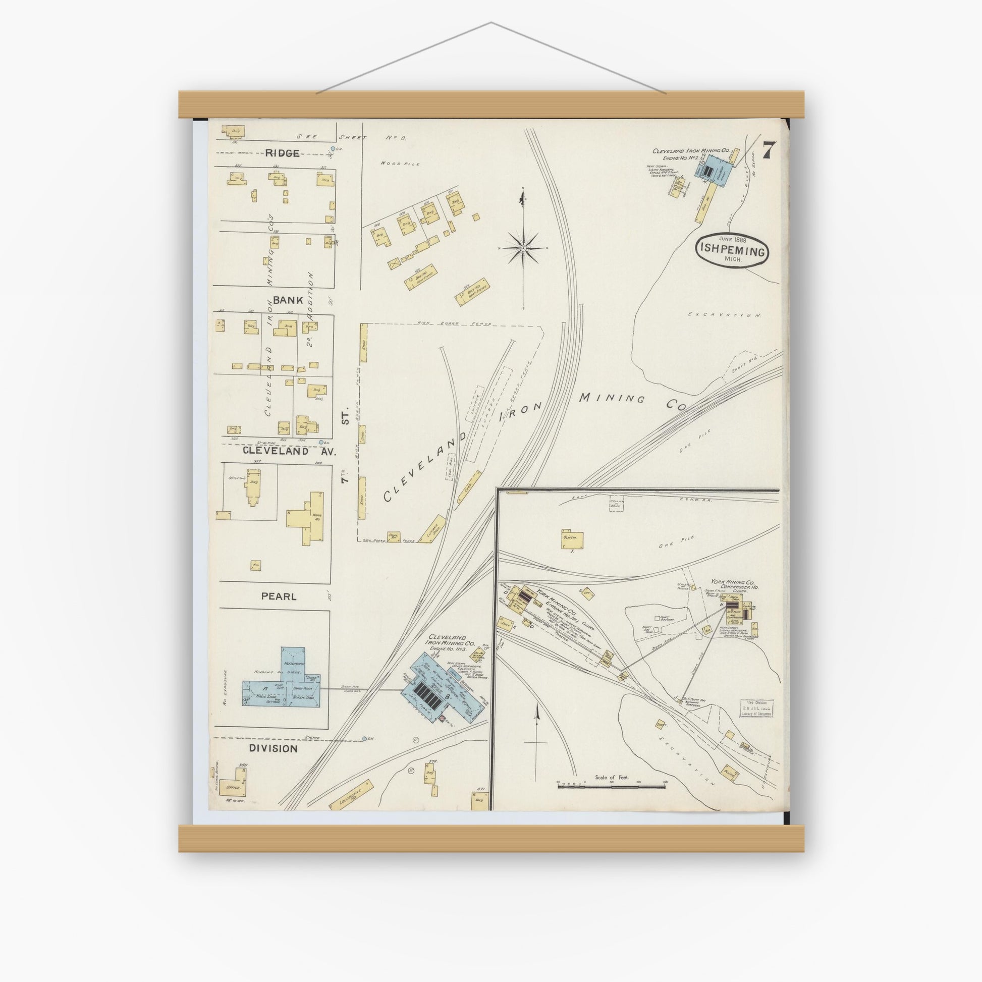 Old map wall art mockup — magnetic wood frame on white wall — Sanborn Fire Insurance Map from Ishpeming, Marquette County, Michigan (1888), Sheet #0007