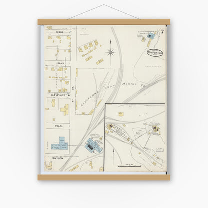 Old map wall art mockup — magnetic wood frame on white wall — Sanborn Fire Insurance Map from Ishpeming, Marquette County, Michigan (1888), Sheet #0007