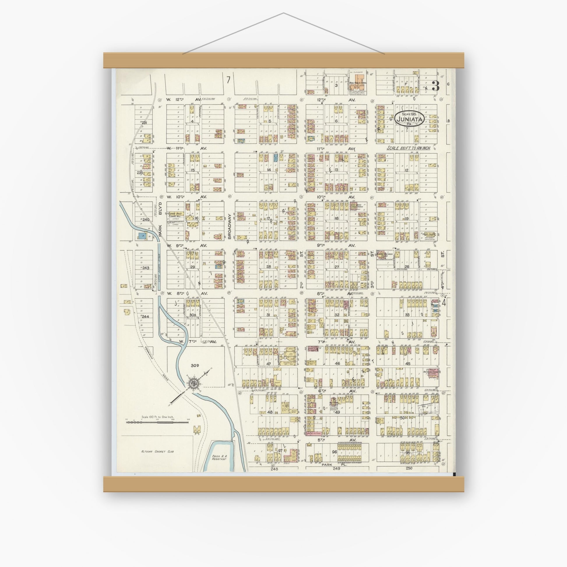 Old map wall art mockup — magnetic wood frame on white wall — Sanborn Fire Insurance Map from Juniata, Blair County, Pennsylvania (1915), Sheet #0003