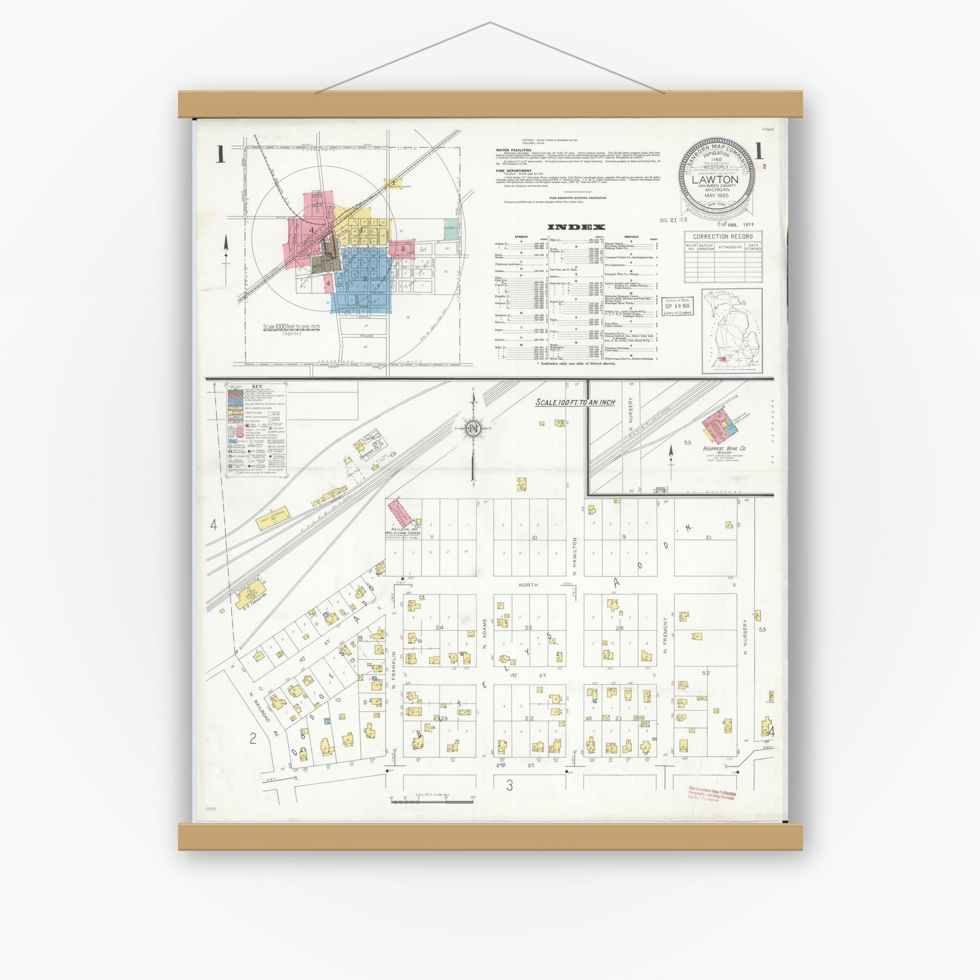 Old map wall art mockup — magnetic wood frame on white wall — Sanborn Fire Insurance Map from Lawton, Van Buren County, Michigan (1935), Sheet #0001