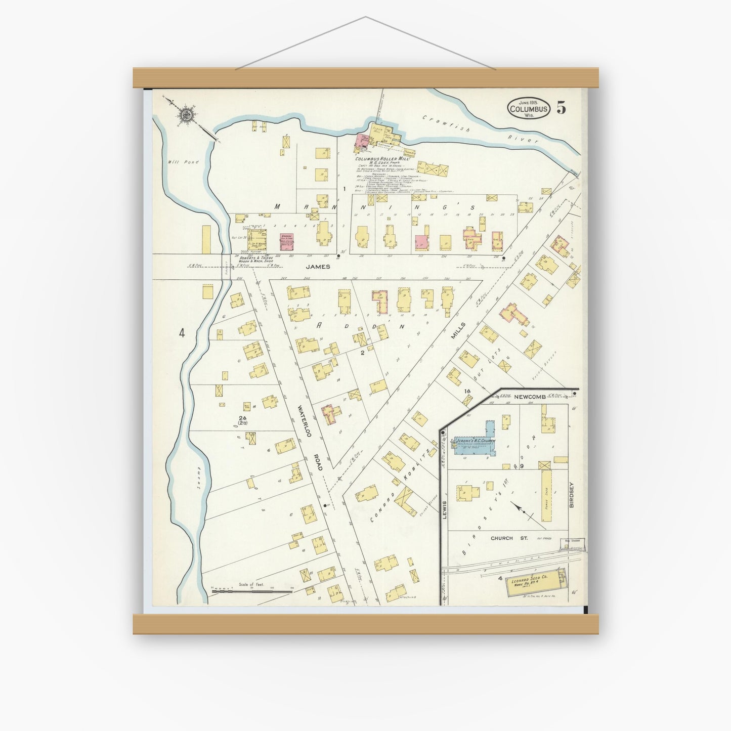 Old map wall art mockup — magnetic wood frame on white wall — Sanborn Fire Insurance Map from Columbus, Columbia and Dodge County, Wisconsin (1915), Sheet #0005