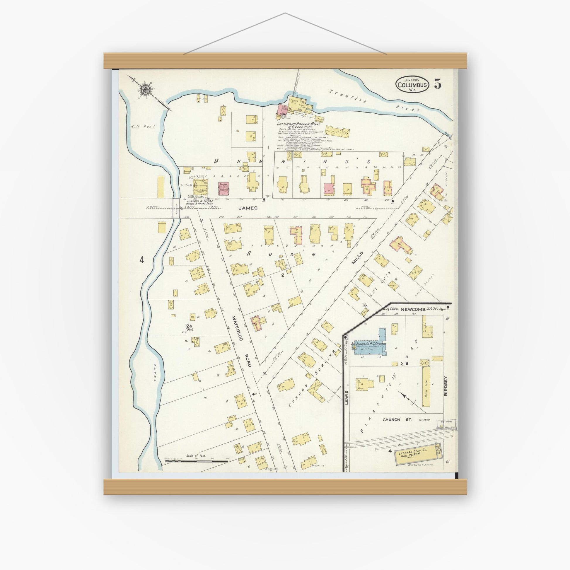 Old map wall art mockup — magnetic wood frame on white wall — Sanborn Fire Insurance Map from Columbus, Columbia and Dodge County, Wisconsin (1915), Sheet #0005