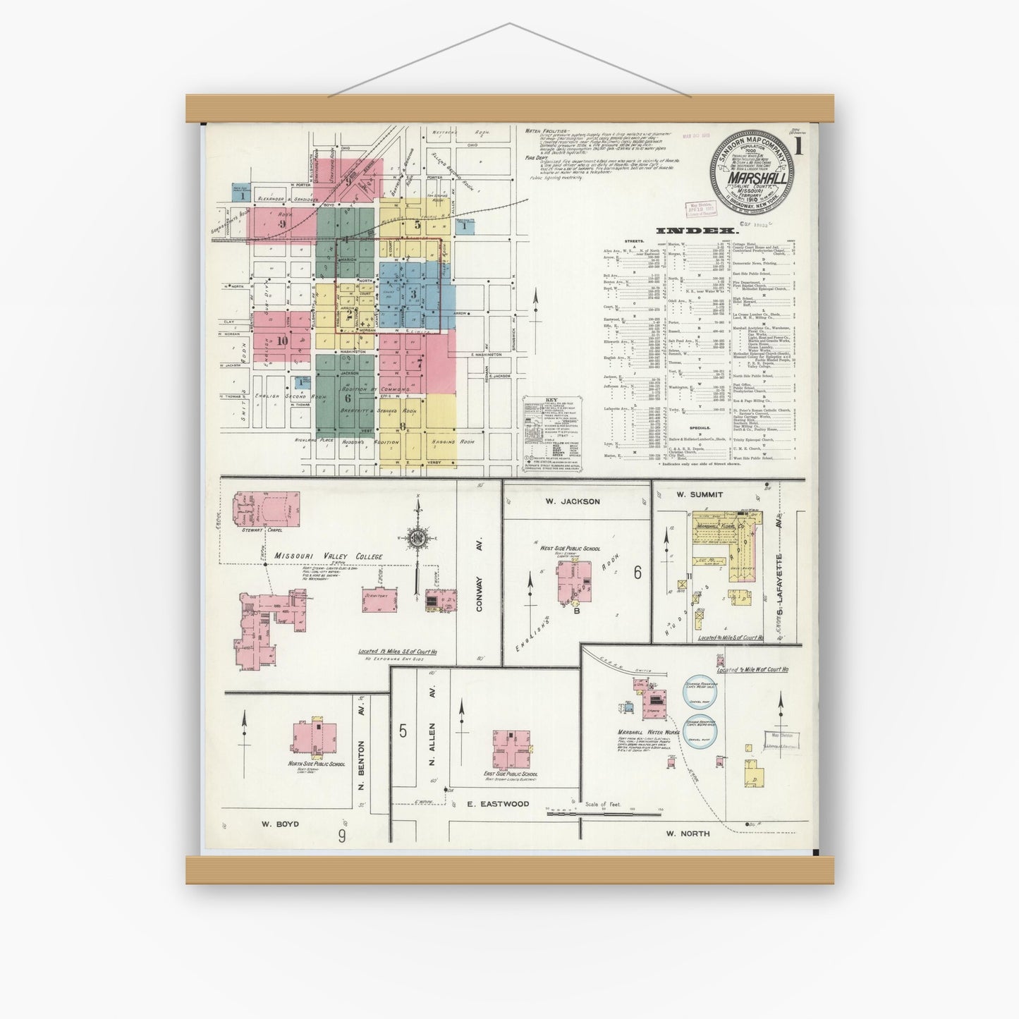 Old map wall art mockup — magnetic wood frame on white wall — Sanborn Fire Insurance Map from Marshall, Saline County, Missouri (1910) - Complete Map Set