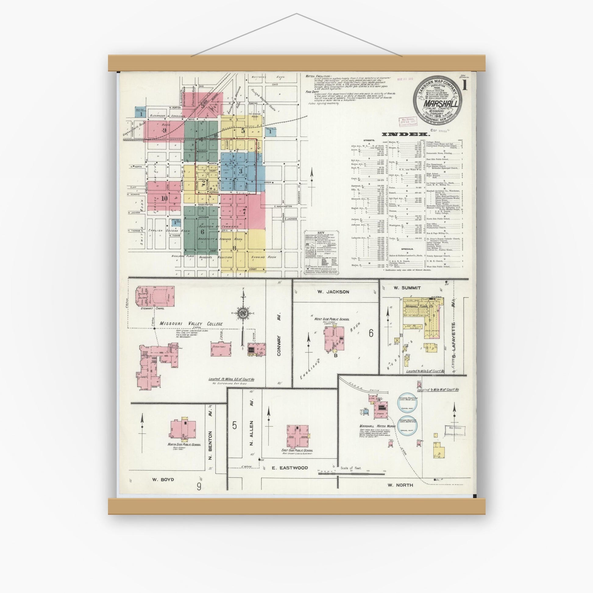 Old map wall art mockup — magnetic wood frame on white wall — Sanborn Fire Insurance Map from Marshall, Saline County, Missouri (1910) - Complete Map Set