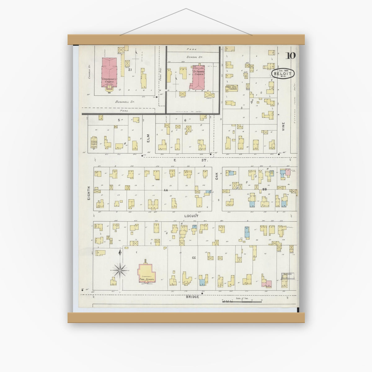 Old map wall art mockup — magnetic wood frame on white wall — Sanborn Fire Insurance Map from Beloit, Rock County, Wisconsin (1895), Sheet #0010