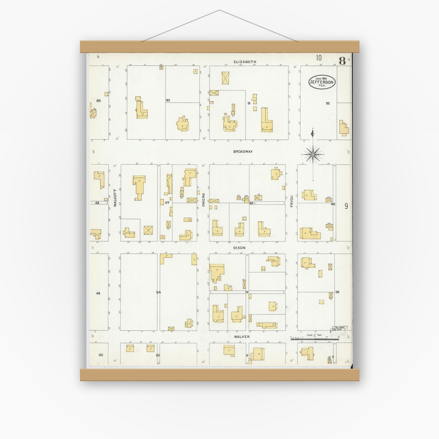 Old map wall art mockup — magnetic wood frame on white wall — Sanborn Fire Insurance Map from Jefferson, Marion County, Texas (1906), Sheet #0008