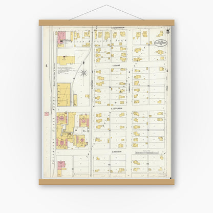 Old map wall art mockup — magnetic wood frame on white wall — Sanborn Fire Insurance Map from Fairmount, Grant County, Indiana (1902), Sheet #0005