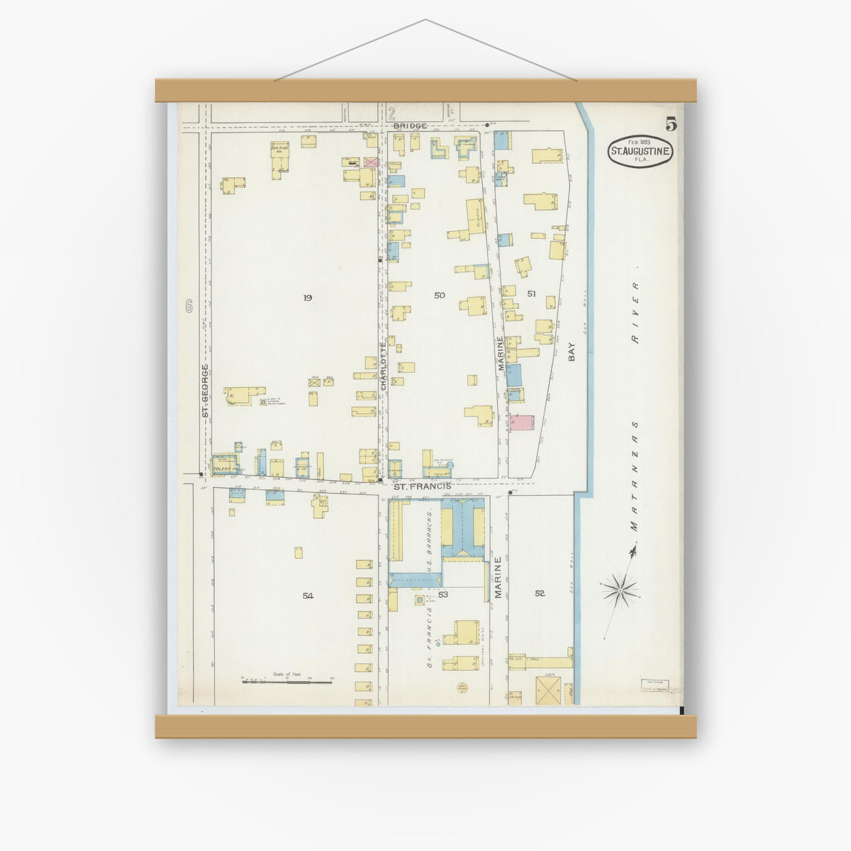 Old map wall art mockup — magnetic wood frame on white wall — Sanborn Fire Insurance Map from Saint Augustine, Saint John's County, Florida (1893), Sheet #0005