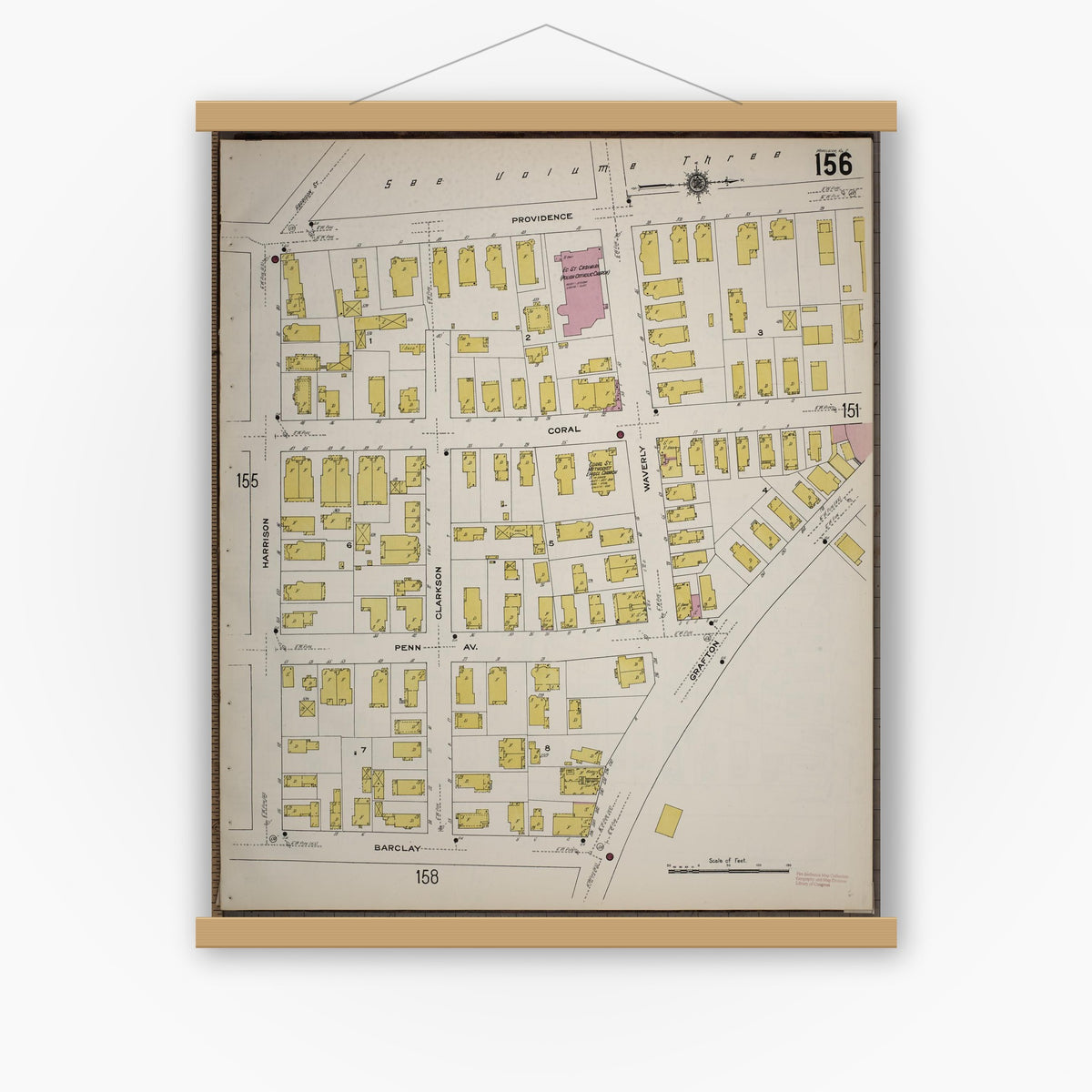 Old map wall art mockup — magnetic wood frame on white wall — Sanborn Fire Insurance Map from Worcester, Worcester County, Massachusetts (1910), Sheet #0156