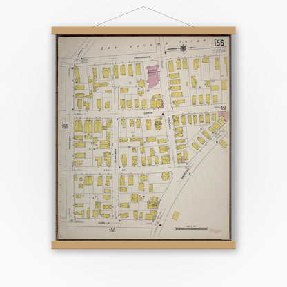 Old map wall art mockup — magnetic wood frame on white wall — Sanborn Fire Insurance Map from Worcester, Worcester County, Massachusetts (1910), Sheet #0156
