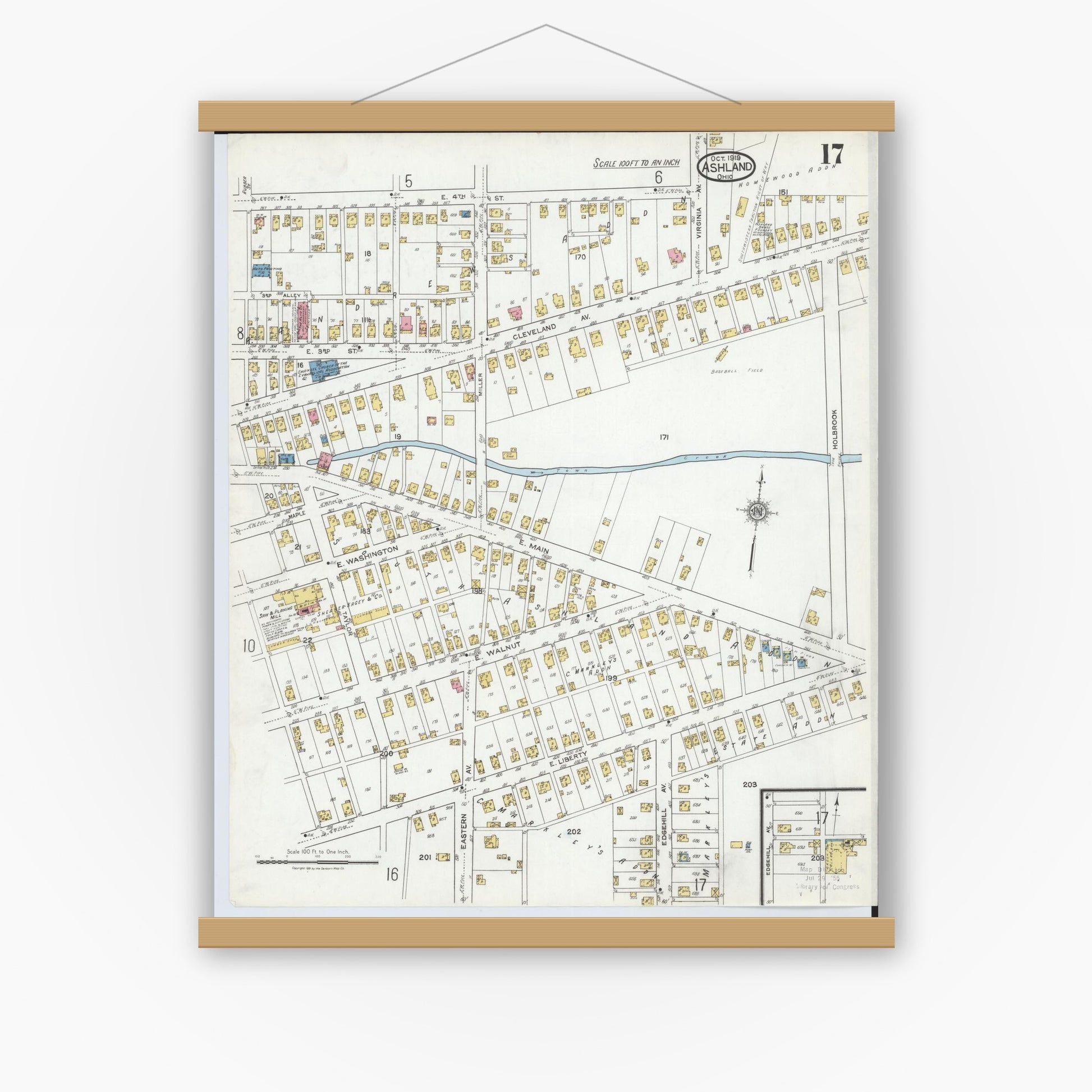 Old map wall art mockup — magnetic wood frame on white wall — Sanborn Fire Insurance Map from Ashland, Ashland County, Ohio (1919), Sheet #0017