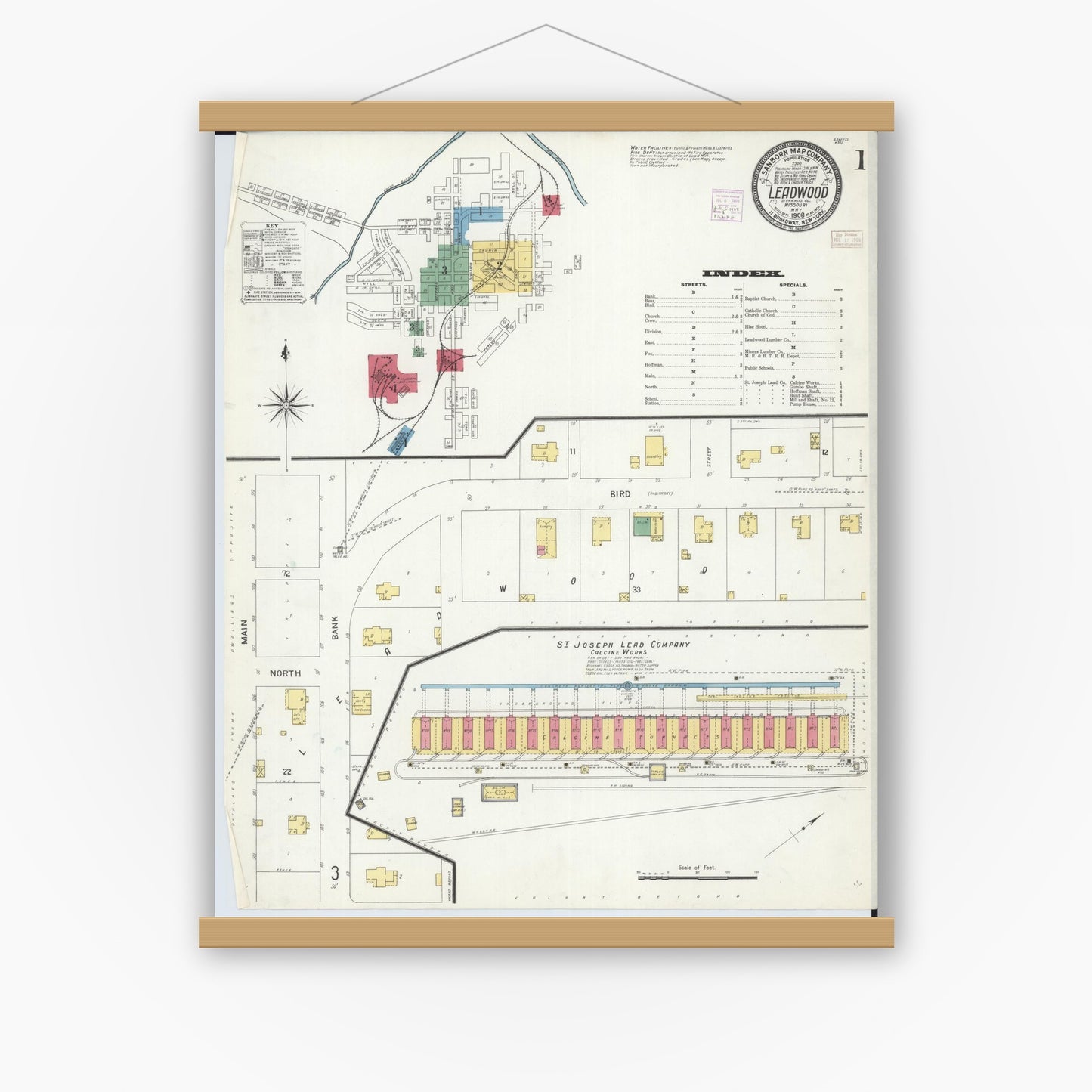 Old map wall art mockup — magnetic wood frame on white wall — Sanborn Fire Insurance Map from Leadwood, Saint Francois County, Missouri (1908) - Complete Map Set