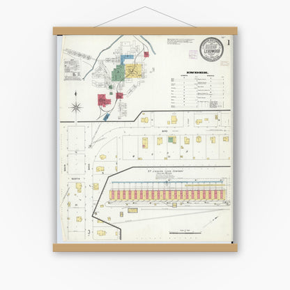 Old map wall art mockup — magnetic wood frame on white wall — Sanborn Fire Insurance Map from Leadwood, Saint Francois County, Missouri (1908) - Complete Map Set