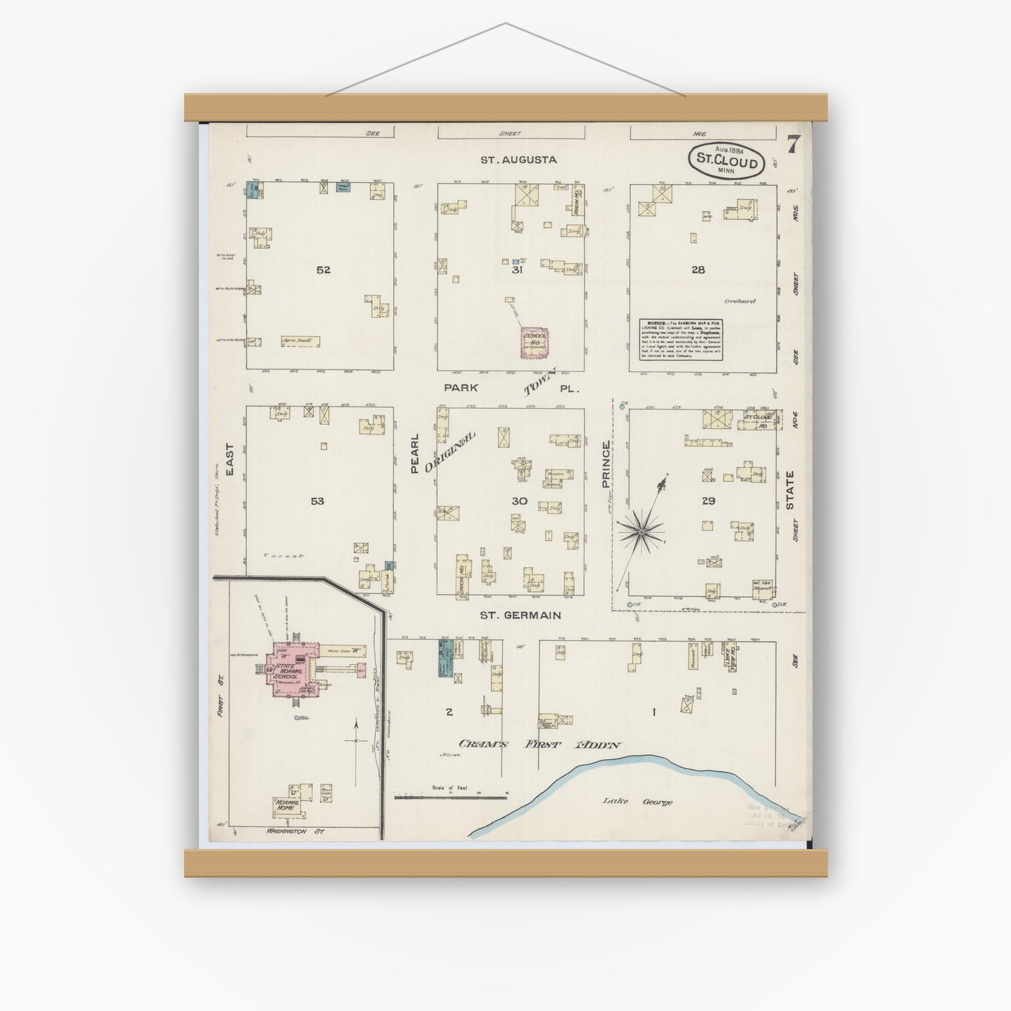 Old map wall art mockup — magnetic wood frame on white wall — Sanborn Fire Insurance Map from Saint Cloud, Stearns, Benton, and Sherburne Counties, Minnesota (1884), Sheet #0007