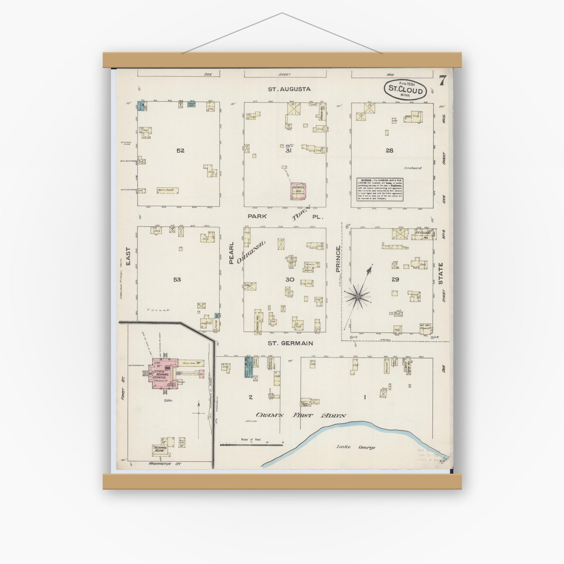 Old map wall art mockup — magnetic wood frame on white wall — Sanborn Fire Insurance Map from Saint Cloud, Stearns, Benton, and Sherburne Counties, Minnesota (1884), Sheet #0007