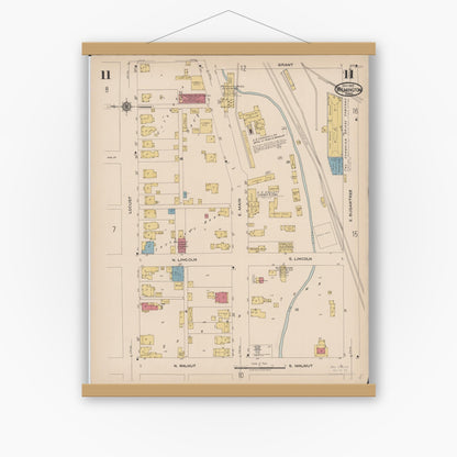 Old map wall art mockup — magnetic wood frame on white wall — Sanborn Fire Insurance Map from Wilmington, Clinton County, Ohio (1922), Sheet #0011