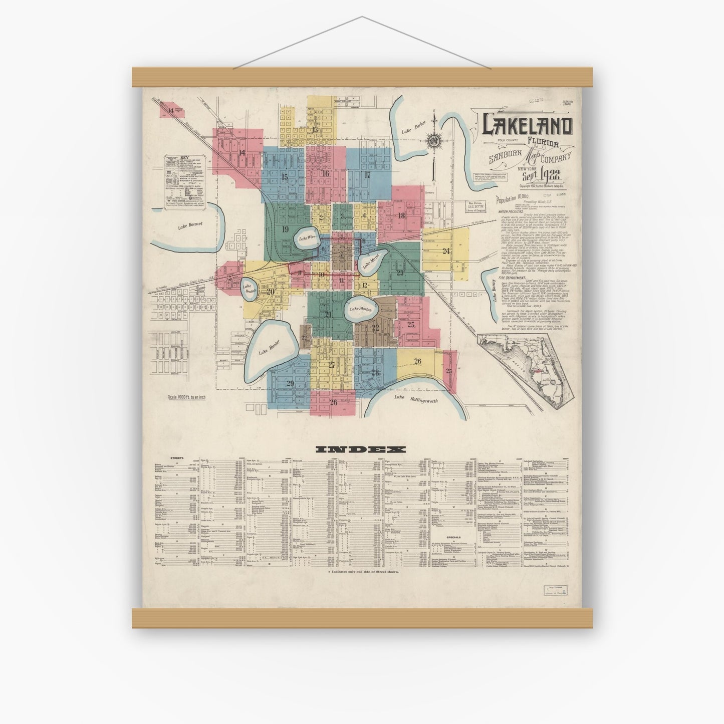 Old map wall art mockup — magnetic wood frame on white wall — Sanborn Fire Insurance Map from Lakeland, Polk County, Florida (1922) - Complete Map Set