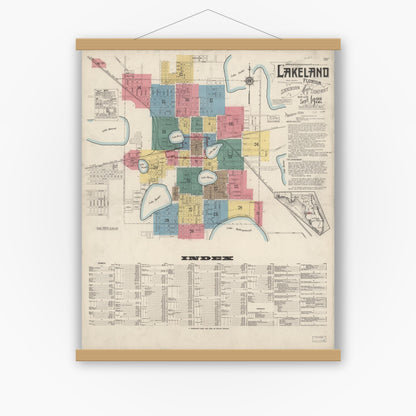 Old map wall art mockup — magnetic wood frame on white wall — Sanborn Fire Insurance Map from Lakeland, Polk County, Florida (1922) - Complete Map Set
