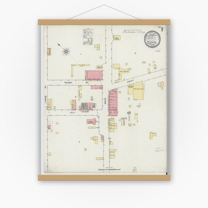 Old map wall art mockup — magnetic wood frame on white wall — Sanborn Fire Insurance Map from Roxboro, Person County, North Carolina (1894) - Complete Map Set