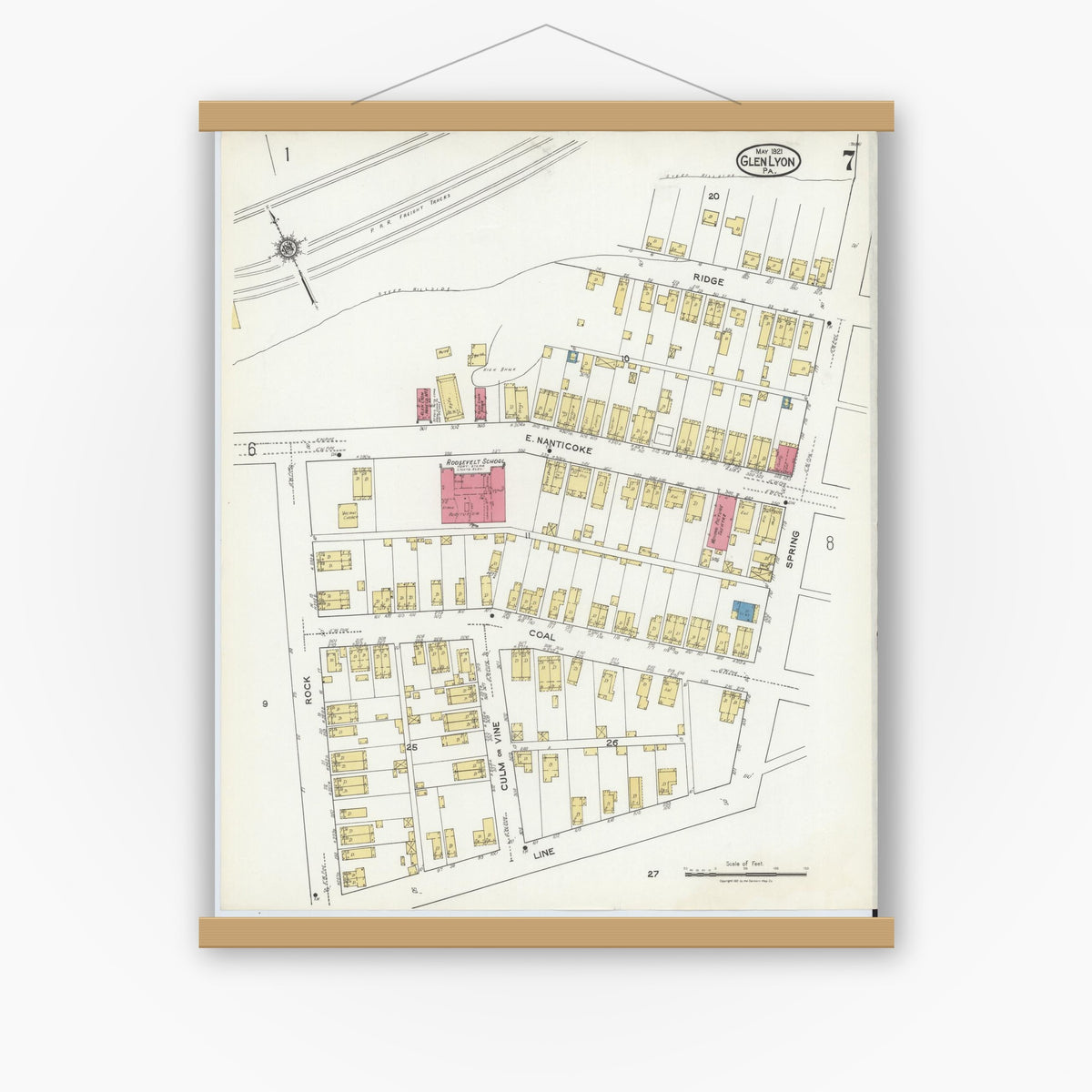 Old map wall art mockup — magnetic wood frame on white wall — Sanborn Fire Insurance Map from Glen Lyon, Luzerne County, Pennsylvania (1921), Sheet #0007