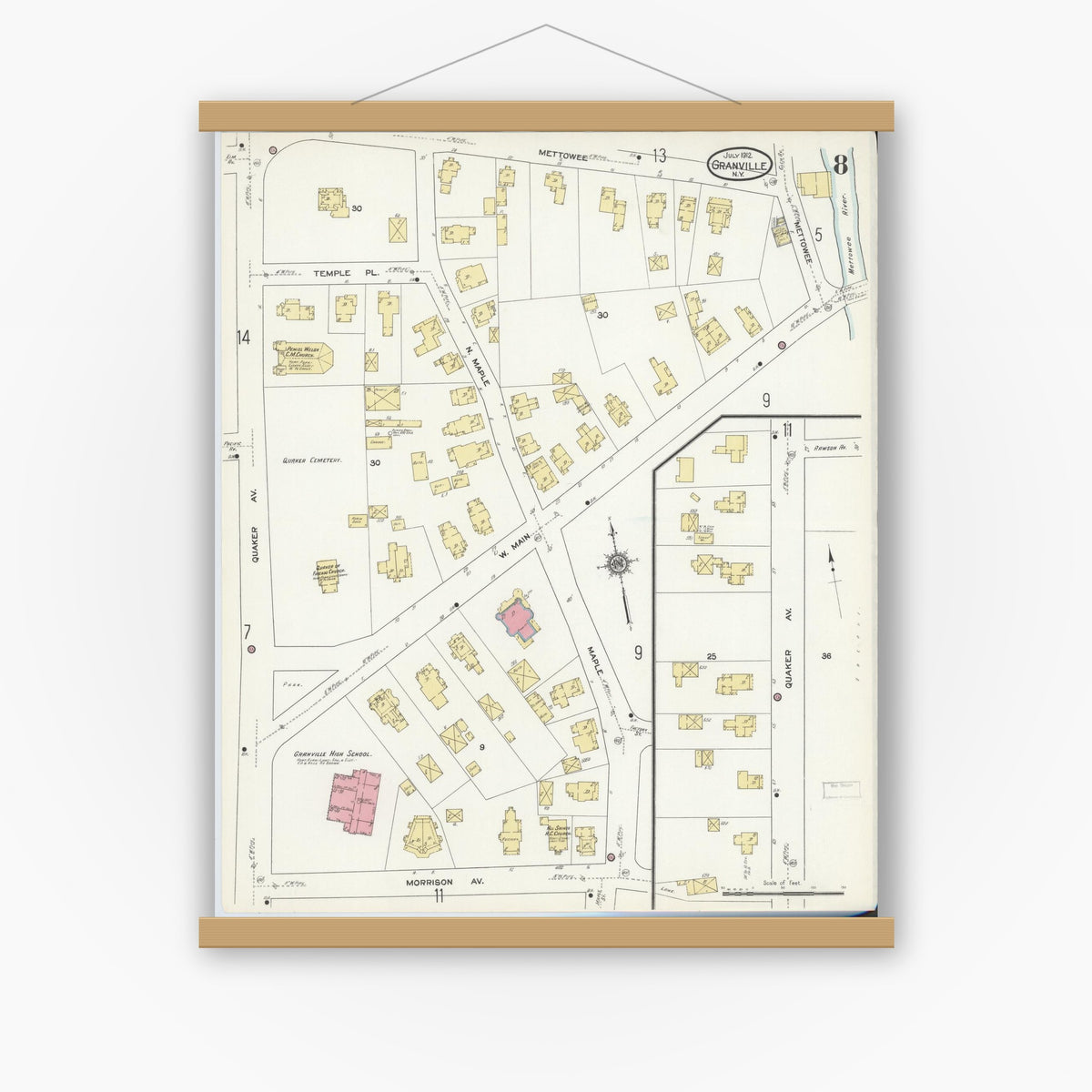 Old map wall art mockup — magnetic wood frame on white wall — Sanborn Fire Insurance Map from Granville, Washington County, New York (1912), Sheet #0008
