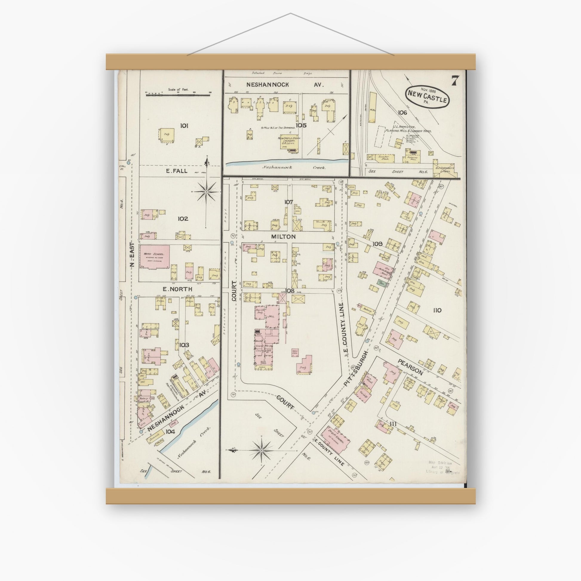 Old map wall art mockup — magnetic wood frame on white wall — Sanborn Fire Insurance Map from New Castle, Lawrence County, Pennsylvania (1888), Sheet #0007