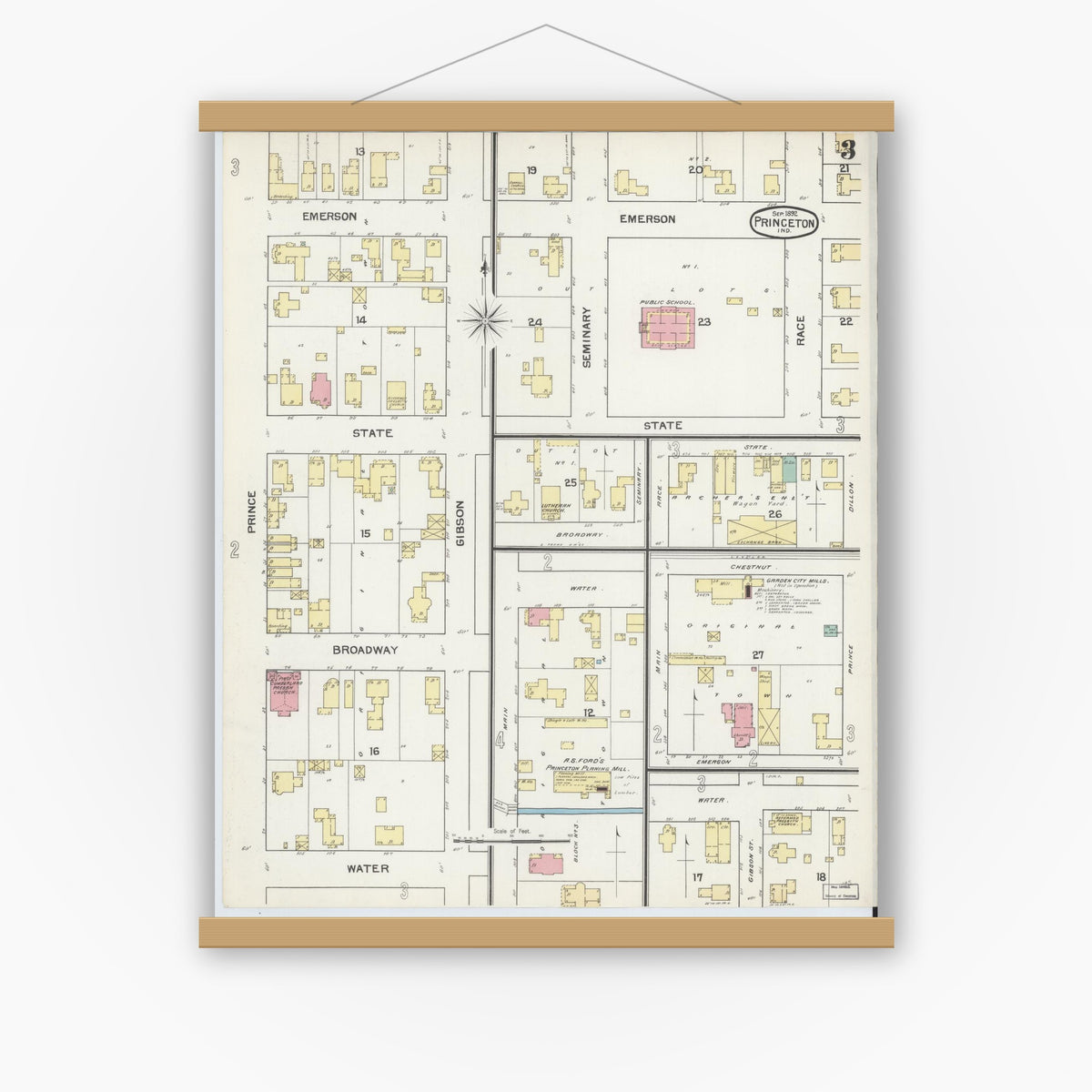 Old map wall art mockup — magnetic wood frame on white wall — Sanborn Fire Insurance Map from Princeton, Gibson County, Indiana (1892), Sheet #0003