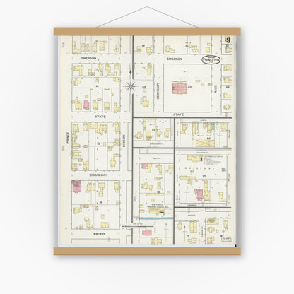Old map wall art mockup — magnetic wood frame on white wall — Sanborn Fire Insurance Map from Princeton, Gibson County, Indiana (1892), Sheet #0003