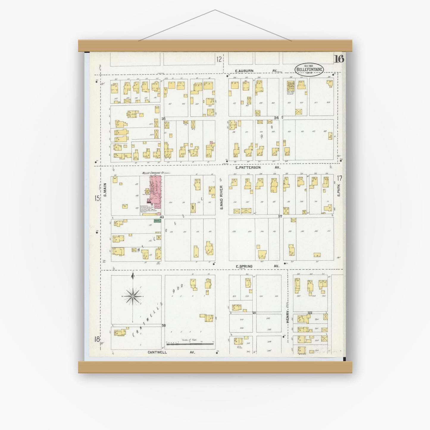 Old map wall art mockup — magnetic wood frame on white wall — Sanborn Fire Insurance Map from Bellefontaine, Logan County, Ohio (1901), Sheet #0016